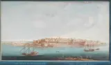 French School, A view of Valletta from Palazzo Bighi, Kalkara ; A view of Valletta from the East, both within painted borders, a pair, gouache, possibly over a printed base