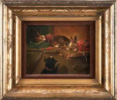 Continental School, Rabbits and a Dog, indistinctly signed 'C [?] Lamb...' (lower right) oil on panel