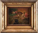 Rabbits and a Dog by Continental School, indistinctly signed 'C [?] Lamb...' (lower right) oil on panel, sold Dec 2023