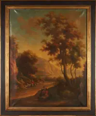 Anglo-Dutch School, Travelers Resting on a Road with Livestock and a Bay in the Distance, oil on canvas