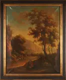 Anglo-Dutch School, Travelers Resting on a Road with Livestock and a Bay in the Distance, oil on canvas