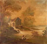 American School, Gristmill with Fisherman, oil on canvas