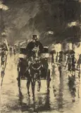 Lesser Ury, Berlin bei Nacht, Um 1920, Kohle auf festem gelblichen Papier (Prägestempel: Schoellershammer)