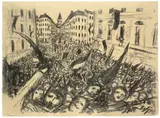 Werner Heldt, Aufruhr 1848, 1948, Kohle auf gelblichem, leicht genarbtem Papier