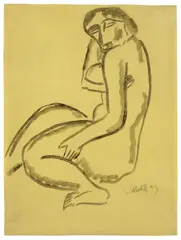 Karl Schmidt-Rottluff, Sitzender Akt, 1913, Tuschpinsel auf gelblichem Papier, auf Japan aufgezogen