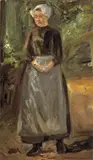 Max Liebermann, Stehendes holländisches Mädchen mit gefalteten Händen, Um 1896, Öl auf Papier, auf Karton aufgezogen