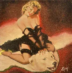 Pin-Up Girl With Bear Skin by Dennis Ropar, oil on canvas, sold Dec 2013