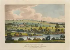 Joseph Lycett, The Residence of John McArthur Esq., Near Parramatta, NSW, hand-coloured etching