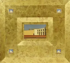 Jim Thalassoudis, Untitled (Parliament House/Clouds), 1994, oil on linen, wood and gold leaf