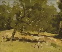 Justus Jorgensen, Landscape with Figures, oil on canvas laid on board