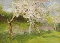 Charles Conder, Trees at Dennemont, 1892, oil on card