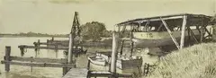 Brian Dunlop, Docked Boats and Pier, etching 2/10
