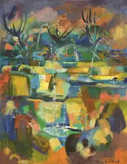 Basil Nubel, Floodlit Fountain, oil on canvas