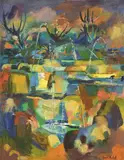 Basil Nubel, Floodlit Fountain, oil on canvas