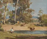 William Dargie, Fishing at Taggerty, oil on canvas