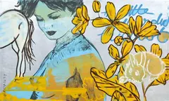 David Bromley, Nude and Yellow Flowers, mixed media on board