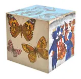 A painted cube depicting various scenes including butterflies and children by David Bromley, acrylic on canvas on board, sold Mar 2013