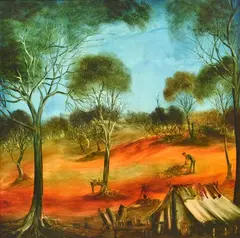 Pro Hart, Trapper's Camp, oil on canvas
