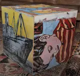 David Bromley, A painted cube depicting various scenes of childhood, acrylic on canvas laid on board