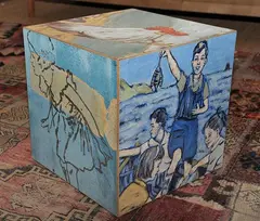 A painted cube with various scenes of childhood by David Bromley, acrylic on canvas laid on board, sold Nov 2012