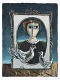 Yosl Bergner, Figure and Two Birds, screenprint A/P