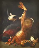 William Buelow Gould, Hare, Pheasant and Two Snipe, oil on linen on board