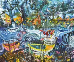 John Perceval, Children Playing with Boats, Mordialloc, 1968, oil on canvas