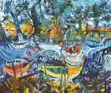 John Perceval, Children Playing with Boats, Mordialloc, 1968, oil on canvas