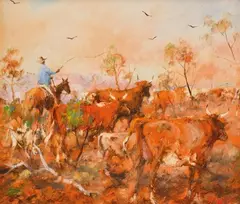 Hugh Sawrey, Clancy's Gone to Queensland Droving, oil on board