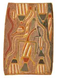 Billy Djoma, Gupauynw Hollow Log Ceremony c1965, natural earth pigments on bark