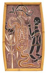 David Malangi, Hunter and Dog Attacked by snakes, natural earth pigments on bark