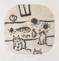 John Olsen, Cat's Dinner, 2006, etching and pencil 32/35