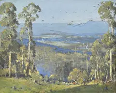 C.F. Mudie, View Through the Trees, oil on board
