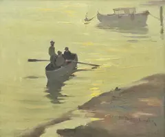 John Samuel Loxton, Boatmen near Battersea Bridge, River Thames, oil on canvas on board