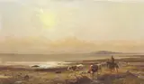 Jan Hendrik Scheltema, Stockman and Cattle by the Water at Sunset (Lake Corangamite)