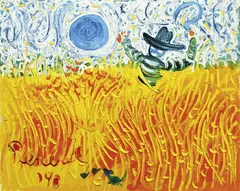 John Perceval, Sickle Farmer with Blue Moon, 1990, oil on canvas