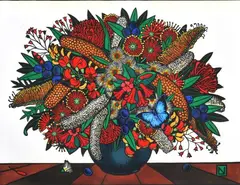 Leslie van der Sluys, Ruth's Rainforest Bouquet, 1994, hand coloured linocut