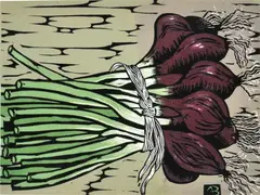 Spanish Onions by Aileen Brown, 1995, linocut 11/15, sold Jun 2012