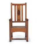 Harvey Ellis, Rare inlaid armchair, c. 1903, Oak, pewter, exotic inlaid woods