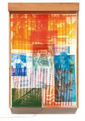 Robert Rauschenberg, Sling-Shots Lit #8 (from Sling-Shots Lit), 1985, 14-color lithograph, screenprint and assemblage with sailcloth, Mylar, wooden lightbox, fluorescent light fixture, aluminum, Plexiglas bars, and a moveable window shade system