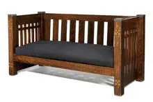 Paul Horti, Rare Cube Settle, c. 1906, For the Crafters Library Set; quarter-sawn oak inlaid with various fruitwoods, lead-work finials, upholstered seat cushions