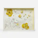 Mary Bauermeister, Chinese Flowers, 2017, ink, glass, glass lens, wooden sphere, wooden object, painted wood construction with lithograph (double-sided)