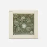 Mary Bauermeister, Erzengel, 1978-79, ink, offset print, glass, glass lens, wooden sphere and painted wood construction