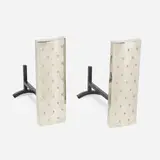 Modern, Fleur-de-lis andirons, pair, c. 1970, polished aluminum, brass, enameled steel