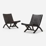 Angel Pazmiño, Folding chairs, pair, c. 1965, stained hardwood, embossed saddle leather, brass