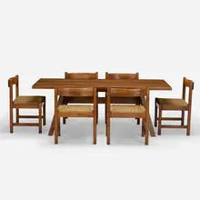 Giovanni Michelucci, Torbecchia dining table and chairs, set of six, c. 1965, walnut, jute, rush