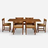 Giovanni Michelucci, Torbecchia dining table and chairs, set of six, c. 1965, walnut, jute, rush
