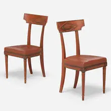 Maison Jansen, Directoire chairs, pair, c. 1950, painted wood, leather, patinated iron