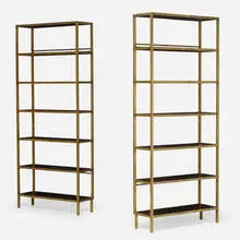 Modern, Etagères, pair, c. 1970, walnut, gilt, bronzed, and patinated steel