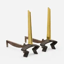 Donald Deskey, Andirons, pair, c. 1950, brass, enameled iron, iron